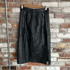 Firenze Santa Barbara Vintage Black Leather Midi High Waisted Skirt Size 12